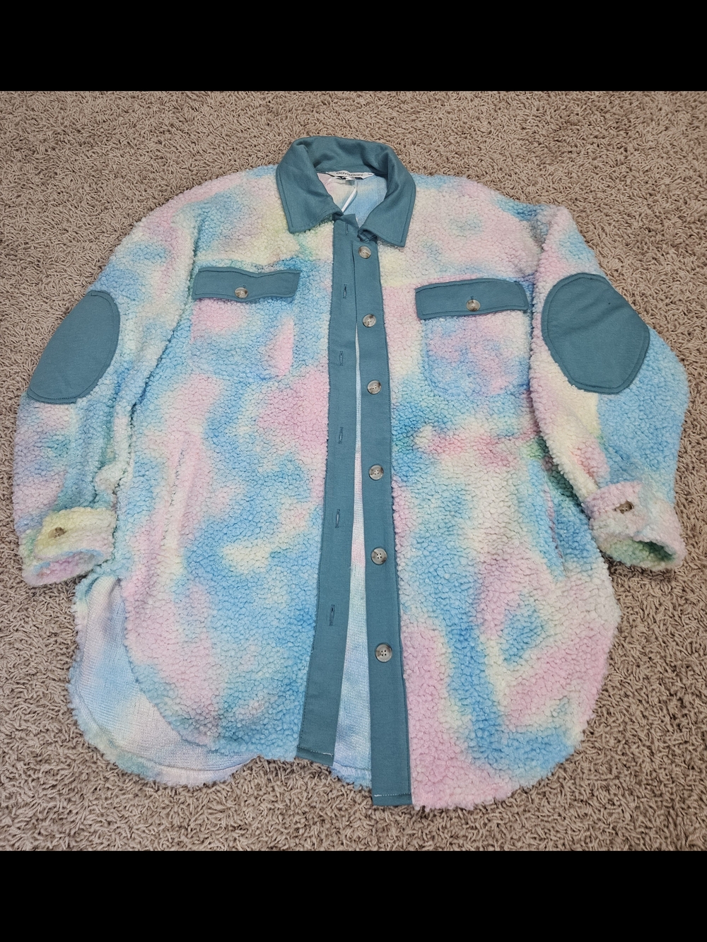 Davi & Dani Pastel Tie-Dye Sherpa Shacket with Teal Trim